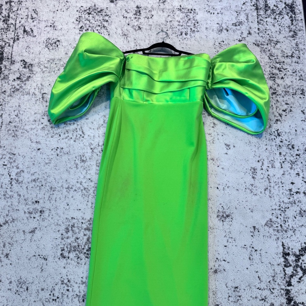 Solace London Neon Lime Green Off-Shoulder Gown with Statement Puff Sleeves - Picture 5 of 6